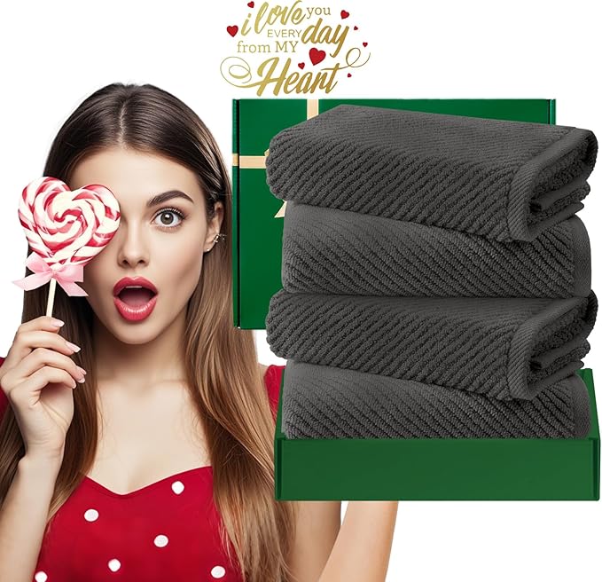 VOOVA & MOVAS Gray Hand Towels for Bathroom, Large 18" x 28" - 100% Cotton | Thick | Quick Dry | Lightweight | Absorbent | Soft, Hand Towels Set of 4, Bathroom Essentials, Dark Grey