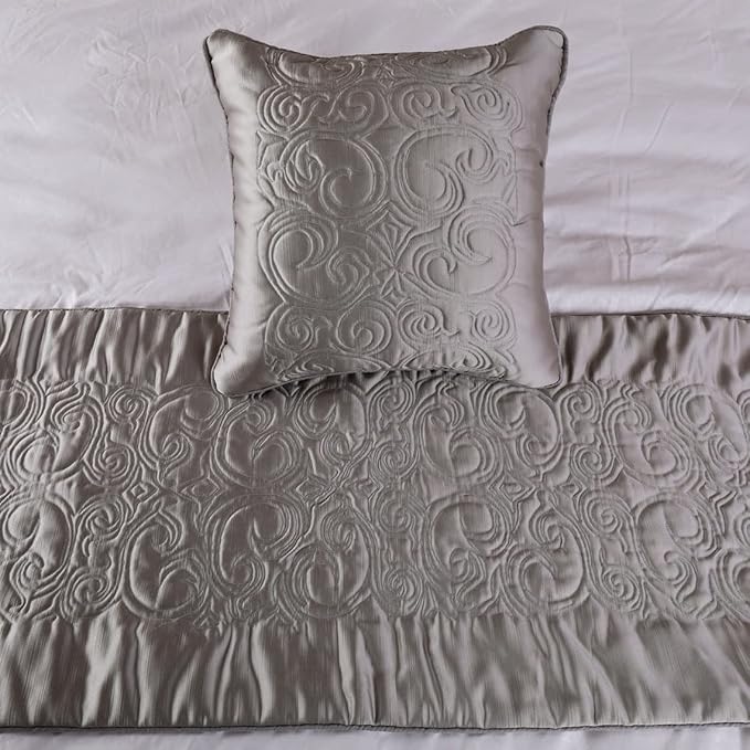 The HomeCentric Decorative Silver CA King 86 x 18 inch Bed Runner with Pillow Cover, Satin Quilted Bed Scarf, Abstract Modern - Silver Soft