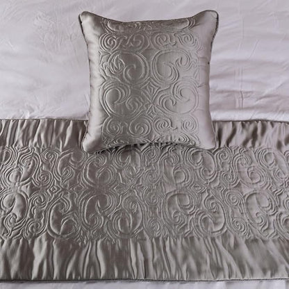The HomeCentric Decorative Silver CA King 86 x 18 inch Bed Runner with Pillow Cover, Satin Quilted Bed Scarf, Abstract Modern - Silver Soft