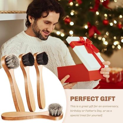 4 Pcs Horsehair Shine Shoes Brush Kit Polish Dauber Applicators Cleaning Leather Shoes Boots Care Brushes Suede Cleaner Brush with Microfiber Shoe Cloth(Wooden Handle B)