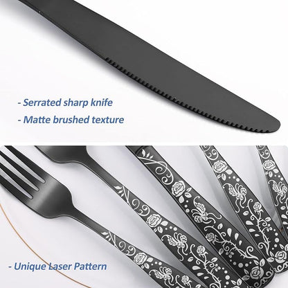 Matte Black Rose Flower Pattern Silverware Set