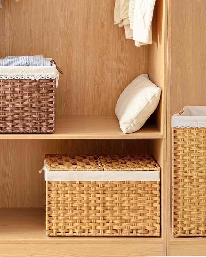 Storage Basket with Lid Rattan Woven Storage Baskets with 2 Separate Lids, 17.2 Gallon (65 L), 22 x 13 x 13.8 Inches,Foldable, 2 Removable Liner Bags Handles for Bedroom, Laundry Room Natural