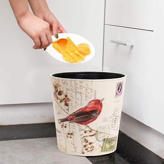 PU Leather Small Trash Can Wastebasket, Round Garbage Container Basket for Bathrooms, Laundry Room, Kitchens, Offices, Kids Rooms, Bedrooms,Dorms,Home Decorative Art Bin, 2.9 Gallon(Bird Design)