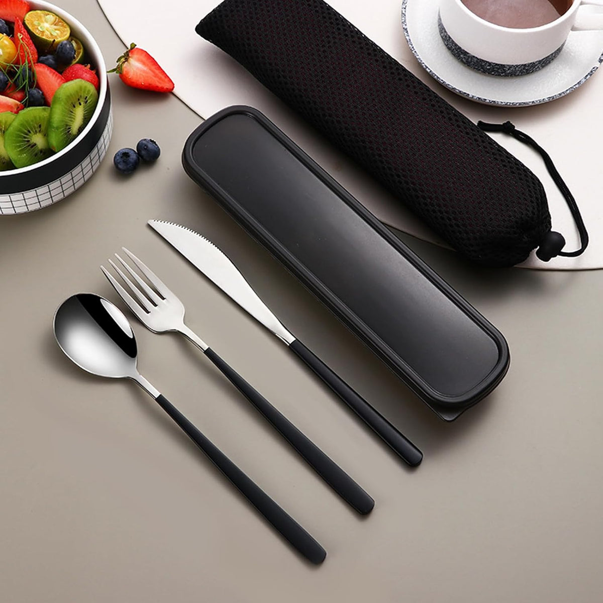 VANRA 3-Piece Portable Travel Utensils Set with Case 18/8 Stainless Steel Flatware Set Reusable Cutlery Set with Fork Spoon Knife for Lunch Travel Camping School Work Picnic (Black)