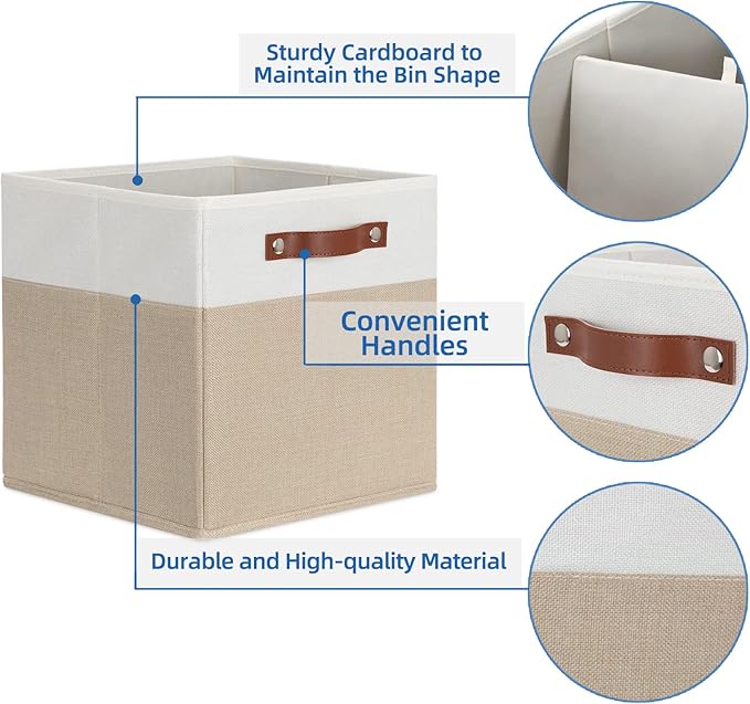 Temary Fabric Storage Cubes - 12 Inch Collapsible Bins (4Pack) - Empty Gift Baskets for Organizing Shelves, Closets, Nursery (White & Khaki)