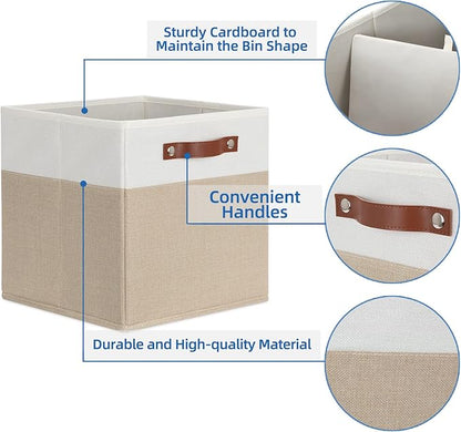 Temary Fabric Storage Cubes - 12 Inch Collapsible Bins (4Pack) - Empty Gift Baskets for Organizing Shelves, Closets, Nursery (White & Khaki)