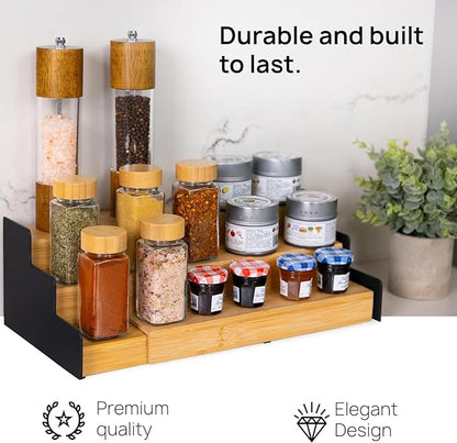Ibyx Premium 3-Tier Spice Rack Organizer for Cabinet - Expandable Bamboo Spice Storage - Non-Skid Countertop Step Spice Shelf - Great for Kitchen Cabinet Countertop (Natural - Wide)