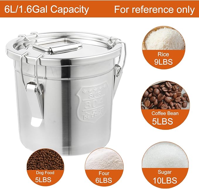 DYNAMI 304 Stainless Steel Containers With Lid,202oz Airtight Flour Container for Kitchen,5-10lbs Metal Airtight Canisters Milk Jug Coffee Bean Cookies Canisters w/Locking Clamp (6L/1.6Gal)