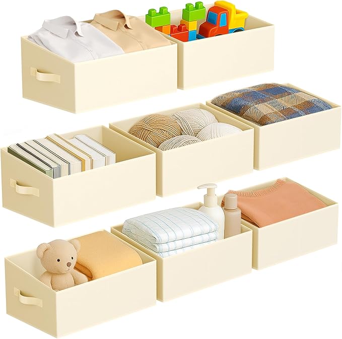 DIMJ Large Closet Storage Bins 8 Pack - Fabric Trapezoid Closet Organizer Bin, Foldable Storage Baskets for Shelves, Closet Shelf Organizer, Clothing Storage Box for Toys, Books, Towel, Clothes, Beige