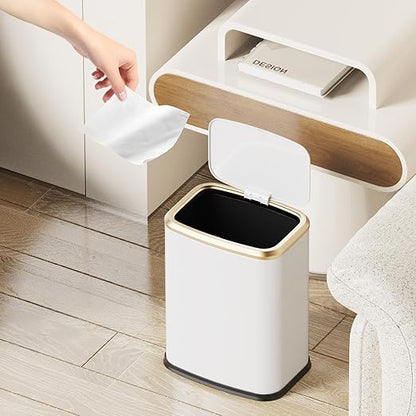 2.1 Gallon Bathroom Trash Can with Lid Press Top, 8 Liter Stainless Steel Garbage Can with Press Type Lid, Slim Trash Bin Waste Basket for Toilet, Office, Bedroom, Living Room (White)