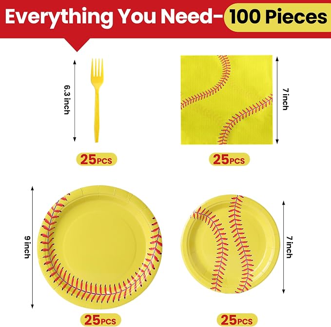 100 Pcs Disposable Softball Party Tableware Set