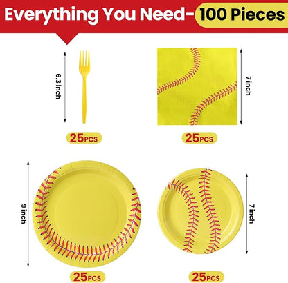 100 Pcs Disposable Softball Party Tableware Set