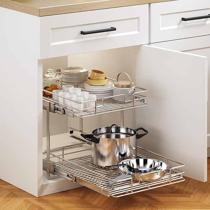 2 Tier Individual Pull Out Cabinet Organizer 19½" W x 21½" D, Heavy Duty Cabinet Pull Out Shelves, Slide Out Drawers Organization for Kitchen Cabinets Bathroom