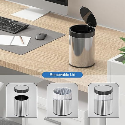 Mini Trash Can for Desk 0.4 Gallon,1.5L Stainless Steel mini Desk Trash can with Lid,Tiny Trash Can for Desk with 1 Roll Bags for Office, Home, Car,(Brushed Gray)