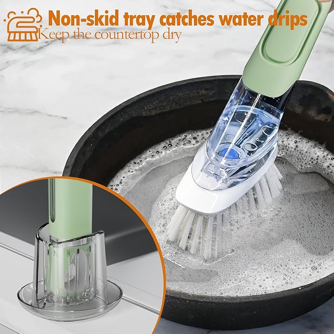 Soap Dispensing Replacement Dish Brush Storage Set with 2 PCS Brush Refills & Holder - RIMAY Dispenser Scrub Cleaning Scrubber Kitchen Dishwashing Dish Wand Handle for Dishes/Pans/Pots/Sink(Green)