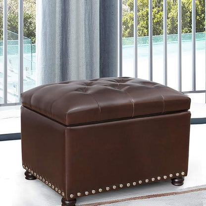 24'' Leather Storage Ottoman Rectangular Foot Rest Stool with Nailhead Trim for Bedroom Living Room(Dark Brown)