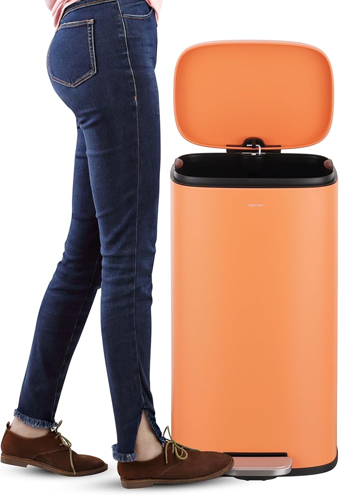 happimess HPM1011K Curtis 8-Gallon Step-Open Trash Can, Carrot Cake,with Soft-Close Lid, Fingerprint Resistant, Modern, Minimalistic for Home, Kitchen, Laundry Room, Office, Bedroom, Bathroom
