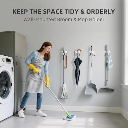 Broom Holder Wall Mount with Screws (4 Pack) Broom and Mop Organizer Wall Hanging, Anti-Slip Mop Holder Broom Hanger with Hooks, Stainless Steel Tool Rack for Garden Garage Organization
