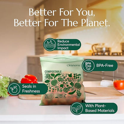 Cleanomic Compostable* Quart Size Food Storage Bags (25 Eco Zip) Freezer and Leak Proof, Also Available Gallon, Snack and Sandwich Size Bags