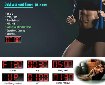17.3'' Huge Digital Wall Clock, Home Gym Interval Workout Timers, with Countdown, Stopwatch, 7-Color Light, 8-Alarms, Calendar/Temperature Display, for HIIT/Tabata/FGB/EMOM (Red)