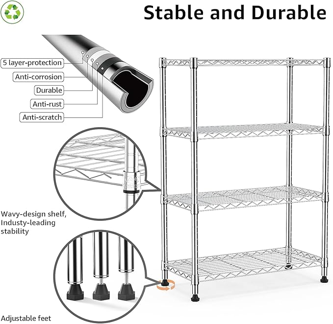 1000 lbs Storage Shelving 4-Tier Utility Shelving Unit Steel Organizer Wire Rack for Home,Kitchen,Office,Chrome (13.7" D x 23.6" W x 53.4" H)