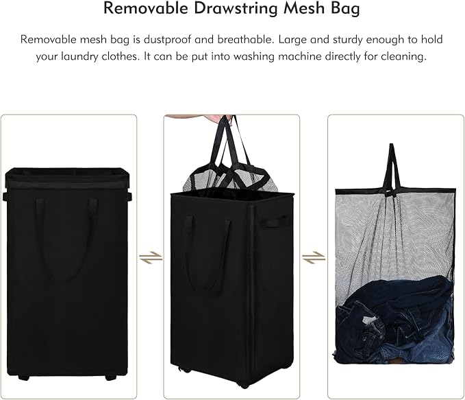 DOKEHOM 90L X-Large Laundry Basket with Removable Wash Bag on Wheels, Collapsible Rolling Laundry Hamper, Foldable Clothes Organizer, Folding Washing Bin (Black)