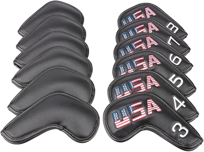 Golf Builder Black Leather USA Golf Club Iron Wedge Head Covers Fit All Brands