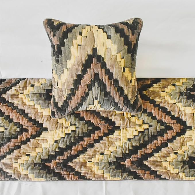 The HomeCentric King/Queen/Twin Beige Designer CA King 86"x18" Bed Runner with 2 Pillow Cover, Abstract, Chevron, Quilted Bed Scarf on Suede Velvet Fabric - Paramount