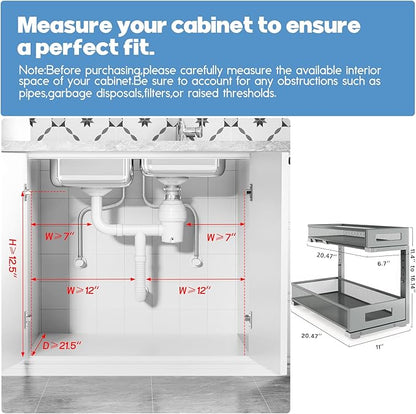 1 Pack 20.47IN Depth Under Sink Storage Organizer, Large 2-Tier Elegant Mesh Pull Out Shelf for Kitchen and Bathroom Cabinet Organization, L-Shaped and Adjustable Height Design-Gun Gray