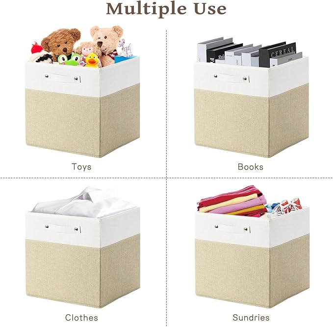13 x 13 Inch Fine Linen Storage Bins with Handles，Fabric Cube Boxs，Collapsible Basket Organizers for Shelves for Home, Closet Drawers (White/Khaki-6 Pack)