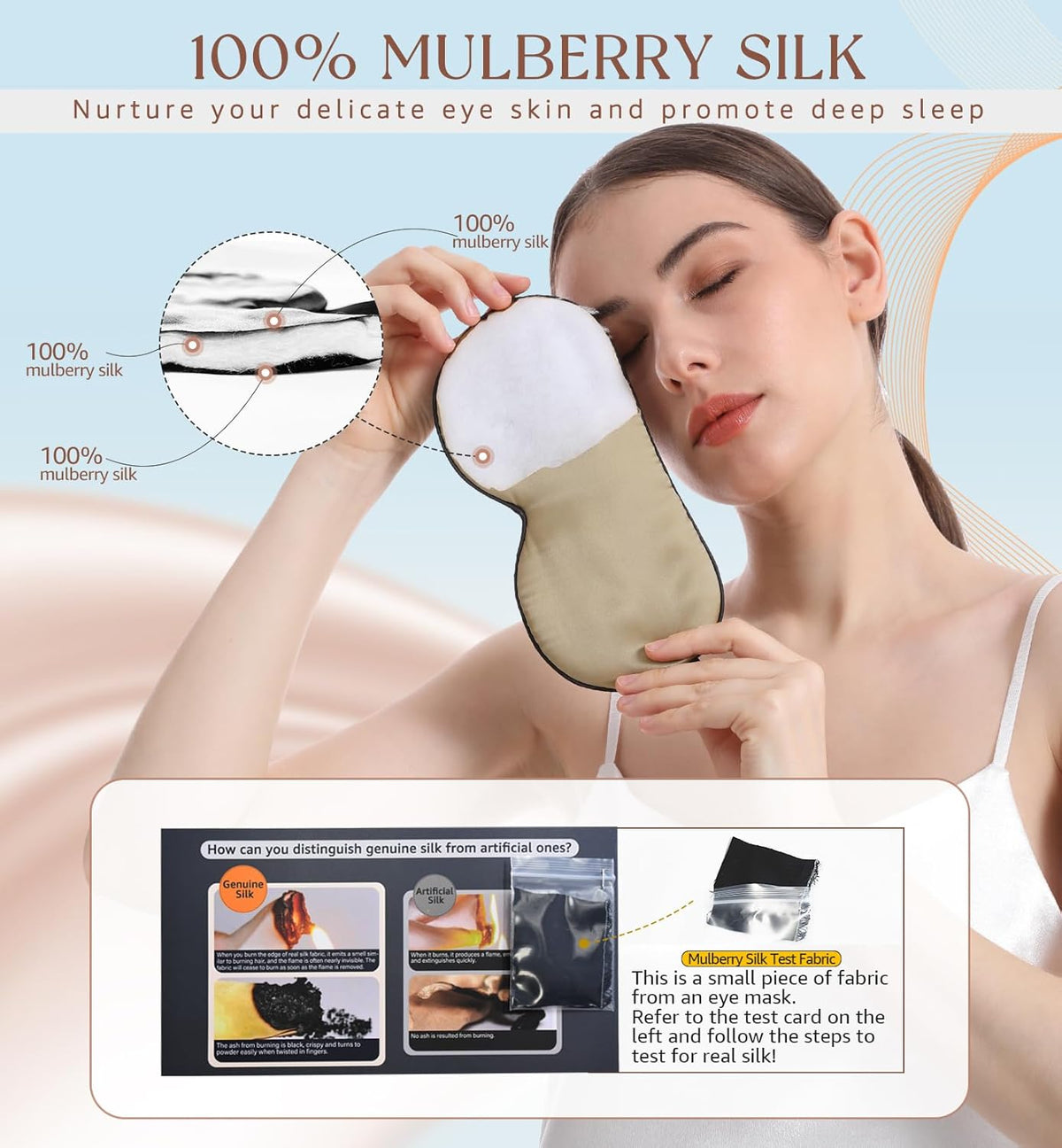 HiRui Silk Sleep Mask, 100% Natural Mulberry Silk of Double-Sided & Inner-Filling, Ultra-Smooth Soft, Adjustable Strap, Blocks Light for Night Sleeping, Travel, Office Naps (Khaki)