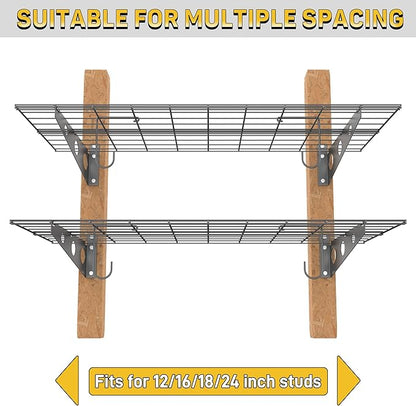 Ultrawall Garage Wall Shelves, 2 x 4 ft Wall Mounted Storage Shelves, Heavy Duty Wall Shelving with Hooks, Holds Up to 220 Lbs, 2Pack, Black