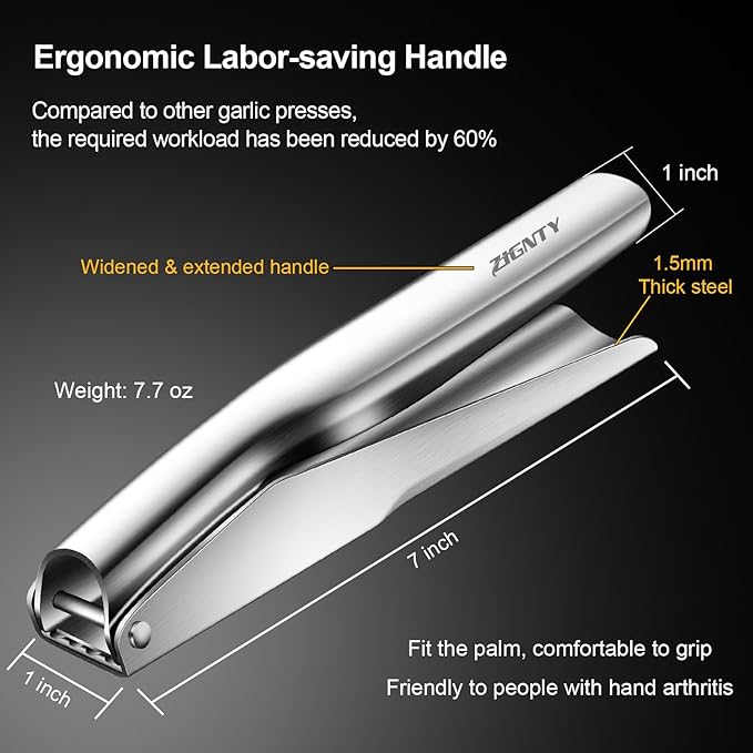 Garlic Press Stainless Steel, Professional Mincer No Need to Peel, Large Trough Presser Ergonomic Handle Easy Squeeze, Ginger Crusher & Masher Dishwasher Safe Rust Proof