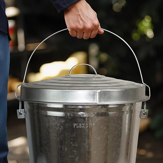 Plexon 10 Gallon Trash Can with Lid Galvanized Metal Bucket with Locking Lid for Poultry Feed Bird Seed Storage Ash Small Garbage Can, 6 Pack