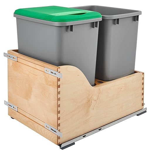 Rev-A-Shelf Pullout Trash Cans for Kitchen Cabinet, Dual 35 Qt Bins with 15" Wood Frame - Large Garbage Bin Containers for Home Waste Storage and Recycling