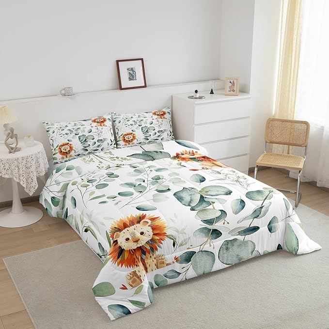 Erosebridal Cute Lion Queen Bedding Sets for Kids Child Green Eucalyptus Comforter Set, Woodland Animal Down Comforter Botanical Plant Leaves Bedding Comforter Sets, Cartoon Wildlife Duvet Insert