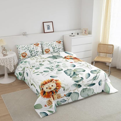 Erosebridal Cute Lion Bedding Twin Size for Kids Child Green Eucalyptus Comforter Set Twin, Woodland Animal Duvet Insert Plant Leaves Quilt Comforter, Cartoon Wildlife Bedding Comforters & Sets