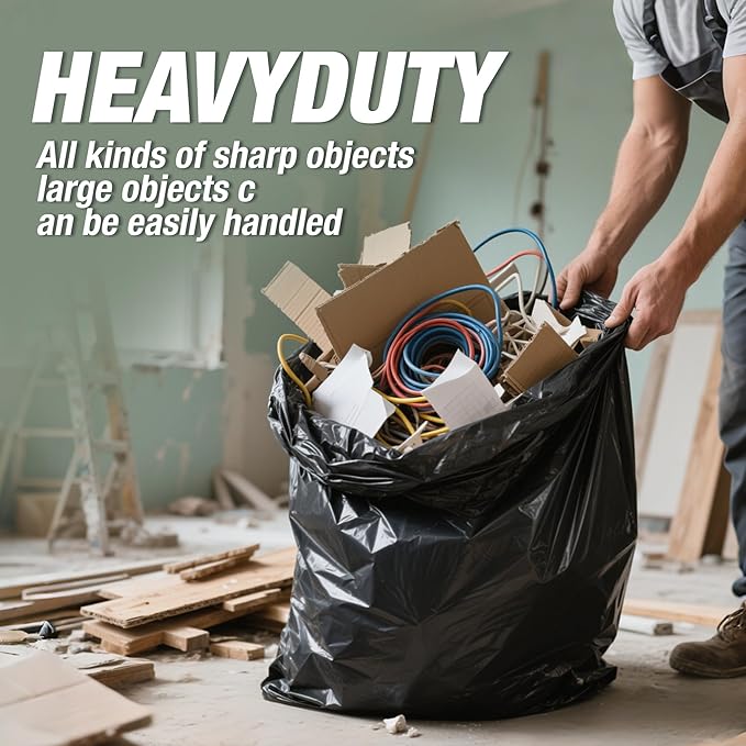 Heavy Duty Contractor Trash Bags 30-33 Gallon 50 Count, 1.5 Mil Extra Thick, Strong Black Garbage Bags, Leakproof Star Seal for Construction, Yard, Demolition Debris