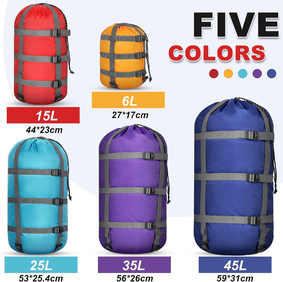 5 Pack Compression Stuff Sack 5 Assorted Size Sleeping Bag Stuff Sack Ultralight Sleeping Bag Cover Space Saving Gear for Travel Outdoor Camping Hiking Backpacking