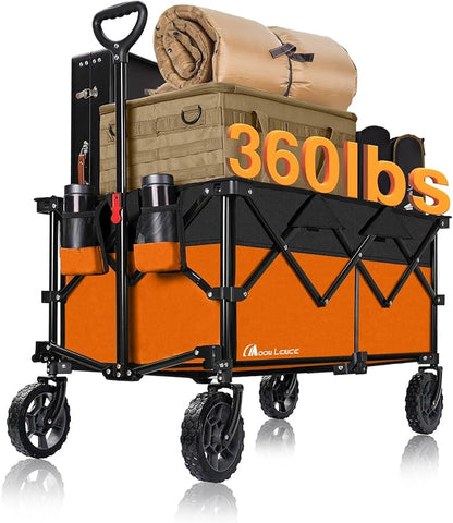 Moon Lence Collapsible Folding Wagon Cart Heavy Duty Folding Garden Portable Hand Cart with All-Terrain Beach Wheels, Adjustable Handle & Drink Holders (Orange & Ivory)