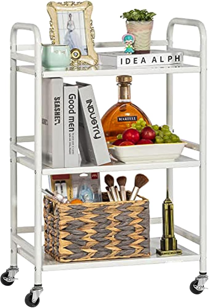 HDANI 3 Tier Rolling Cart Shelves,Heavy Duty Multifunctional Metal Frame-Supports 22 Lbs Per Tier,Rolling Cart with 2 Lockable Wheels for Home, Office,Kitchen,Bathroom,Bedroom(White)…