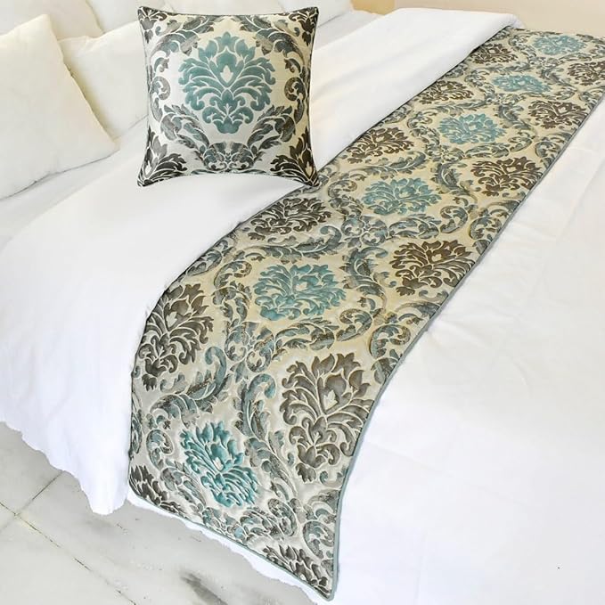 The HomeCentric King/Queen/Twin Blue Decorative King 90"x18" Bed Runner Without Pillow Cover, Damask Bed Scarf on Jacquard Fabric - Royal Elegance