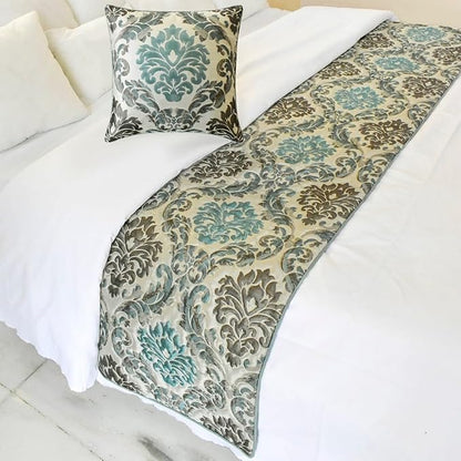 The HomeCentric King/Queen/Twin Blue Designer CA King 86"x18" Bed Runner Without Pillow Cover, Damask Bed Scarf on Jacquard Fabric - Royal Elegance