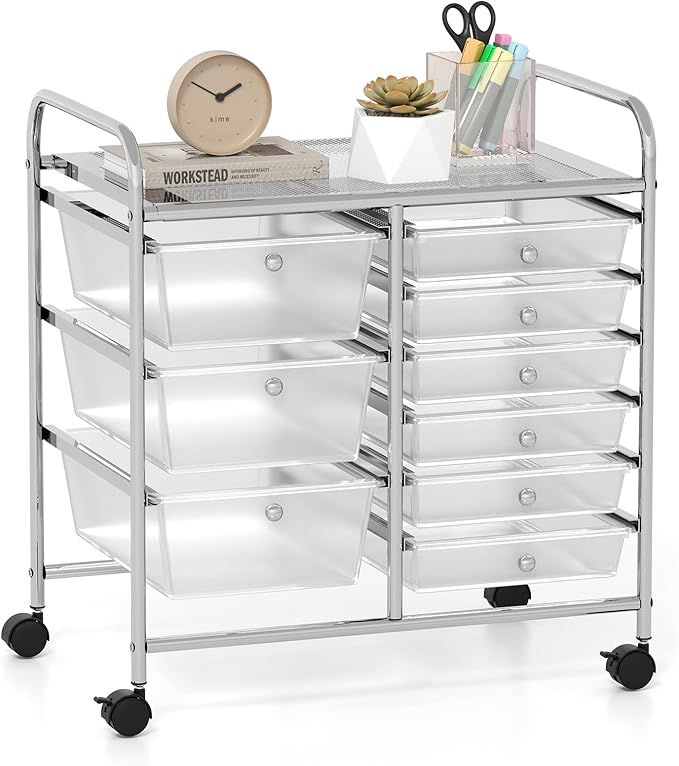 GOFLAME 9-Drawer Rolling Storage Cart, Mobile Utility Cart with Removable Drawers & Metal Frame, Art Craft Organizer Cart with Lockable Wheels, Storage Drawer Cart for Home Office, School, Clear