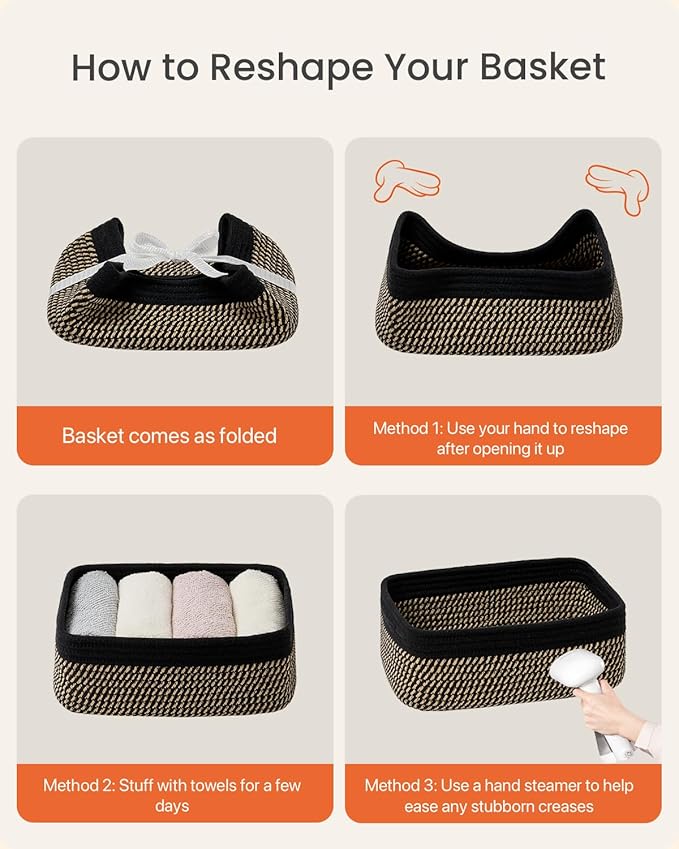 Small Woven Basket, 12 x 8 x 4.5 Inches, Storage Basket for Organizing, Cute Small Rope Shelf Closet Cube Storage Bins Baskets for Shelves, Dog Toy Gift Baskets Empty, 3 Pack Black & Brown