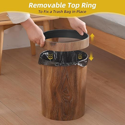 Wood Grain Plastic Trash Can Bedroom, Round 2-Pack, 3.4 Gal Farmhouse Wastebasket Bin Retro Style, Brown Trash Can for Room Aesthetic, Open Top Garbage Can for Office, Living Room, Hotel, Bathroom
