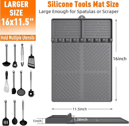 Silicone Grill Mat Compatible with Blackstone, Silicone Griddle Tools Mat with Drip Pad, Spatula Mat for Outdoor Grill Kitchen Counter (Grey)