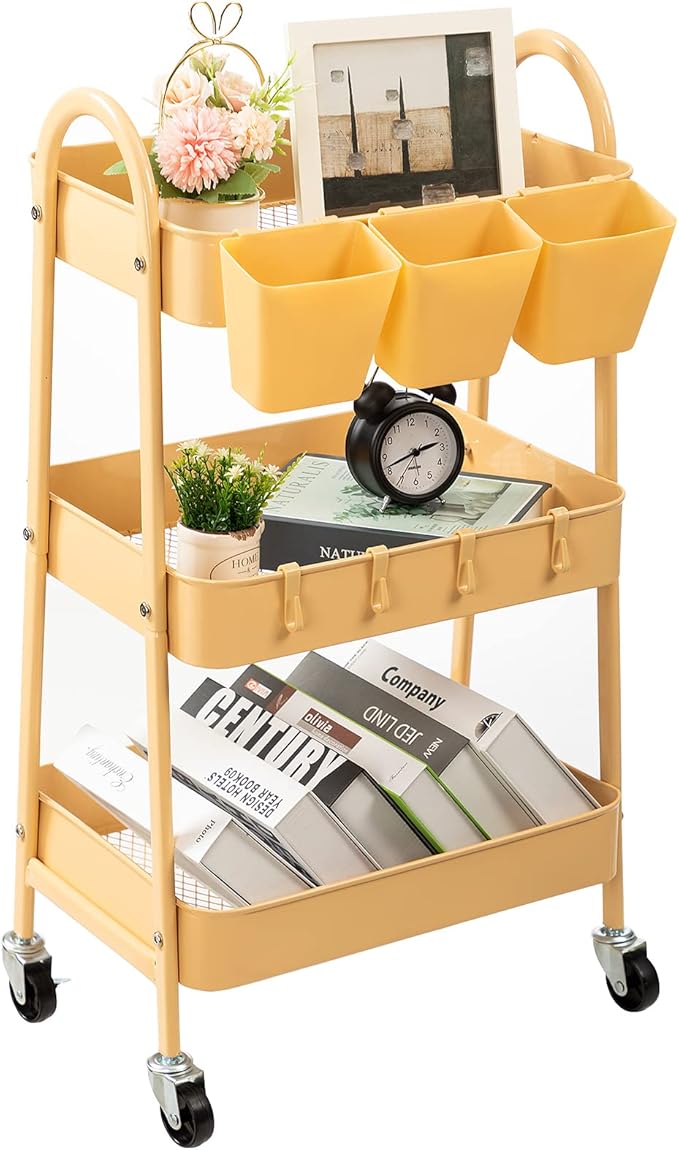 danpinera 3-Tier Rolling Cart, Metal Rolling Storage Cart with Lockable Wheels & Hanging Cups & Hooks, Mobile Trolley for Kitchen, Bathroom, Office, Workshop, Yellow
