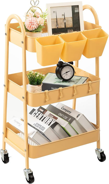 danpinera 3-Tier Rolling Cart, Metal Rolling Storage Cart with Lockable Wheels & Hanging Cups & Hooks, Mobile Trolley for Kitchen, Bathroom, Office, Workshop, Yellow