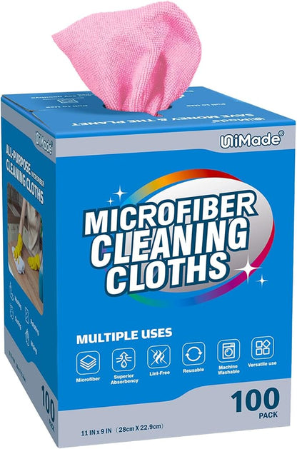 Microfiber Cleaning Cloth, 100 Sheets Microfiber Towels for Cars Commercial Grade Shop Towel Washcloths Lint-Free Bulk Cleaning Rags for Mechanic Restaurant Garage Housekeeping, 11"x 9", Pink